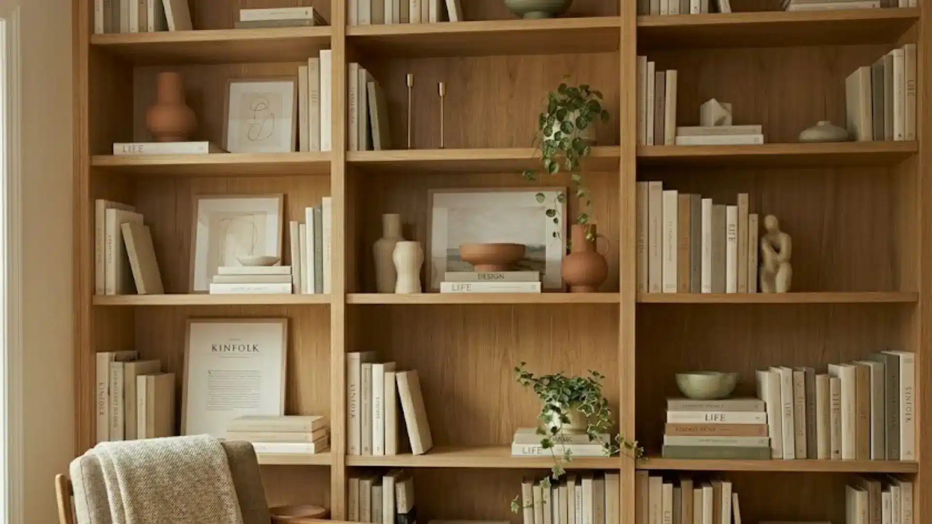 wooden bookshelf with neutral books, terracotta vases, trailing plants, leaning prints, and negative space
