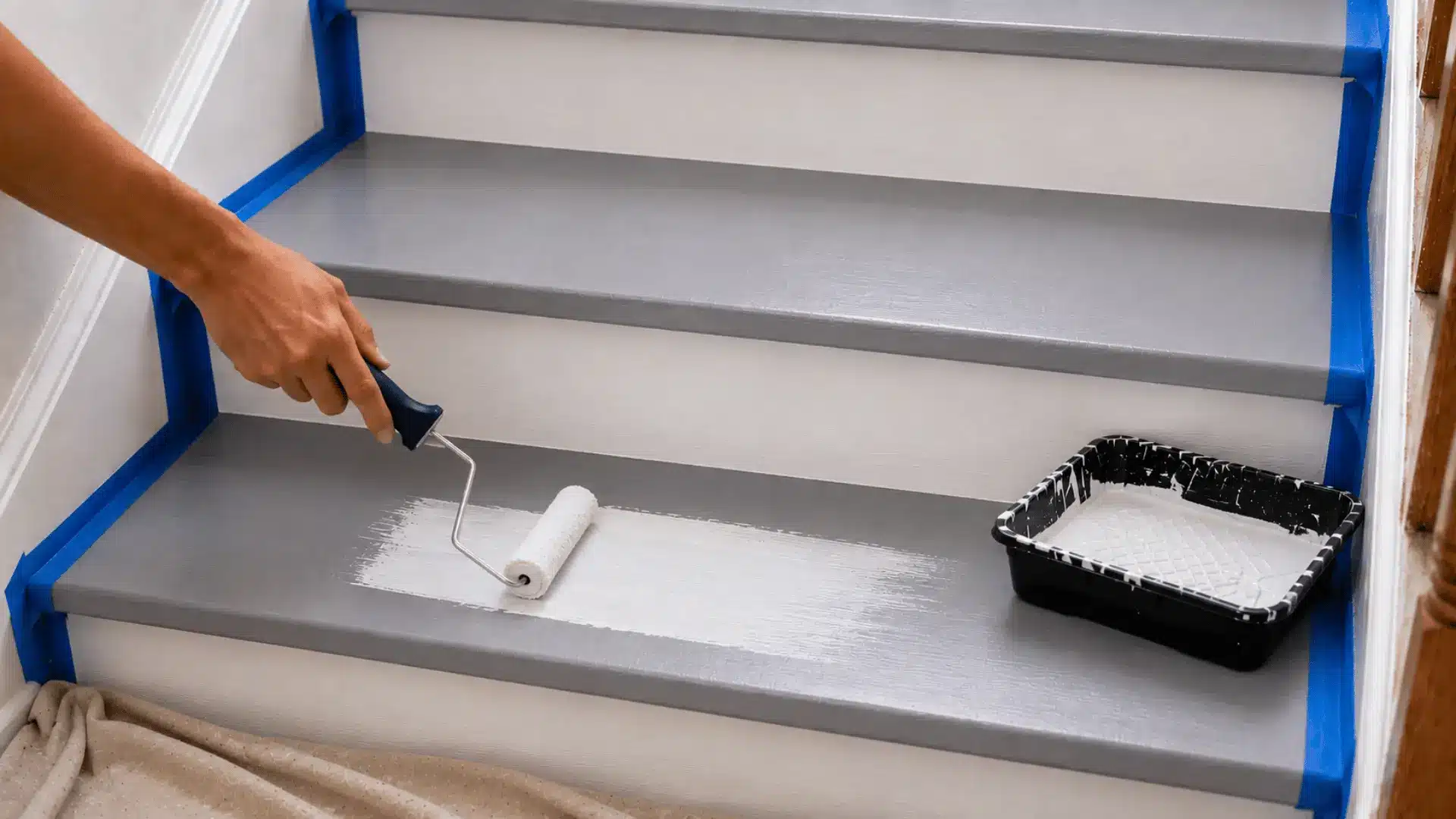 hand rolling thin white paint coats over gray primed stair treads in a taped stairwell