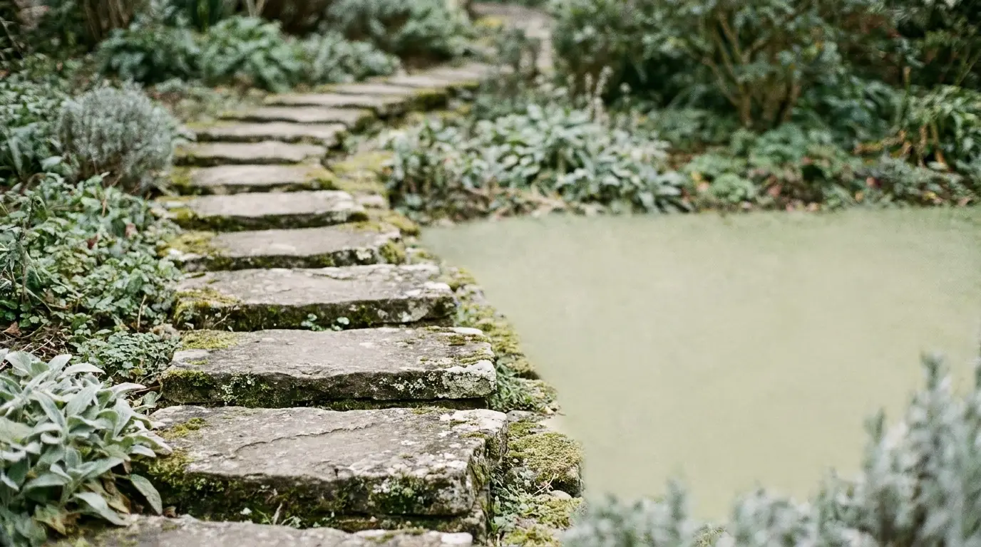 Stone path winding through lush garden with green foliage and small pond