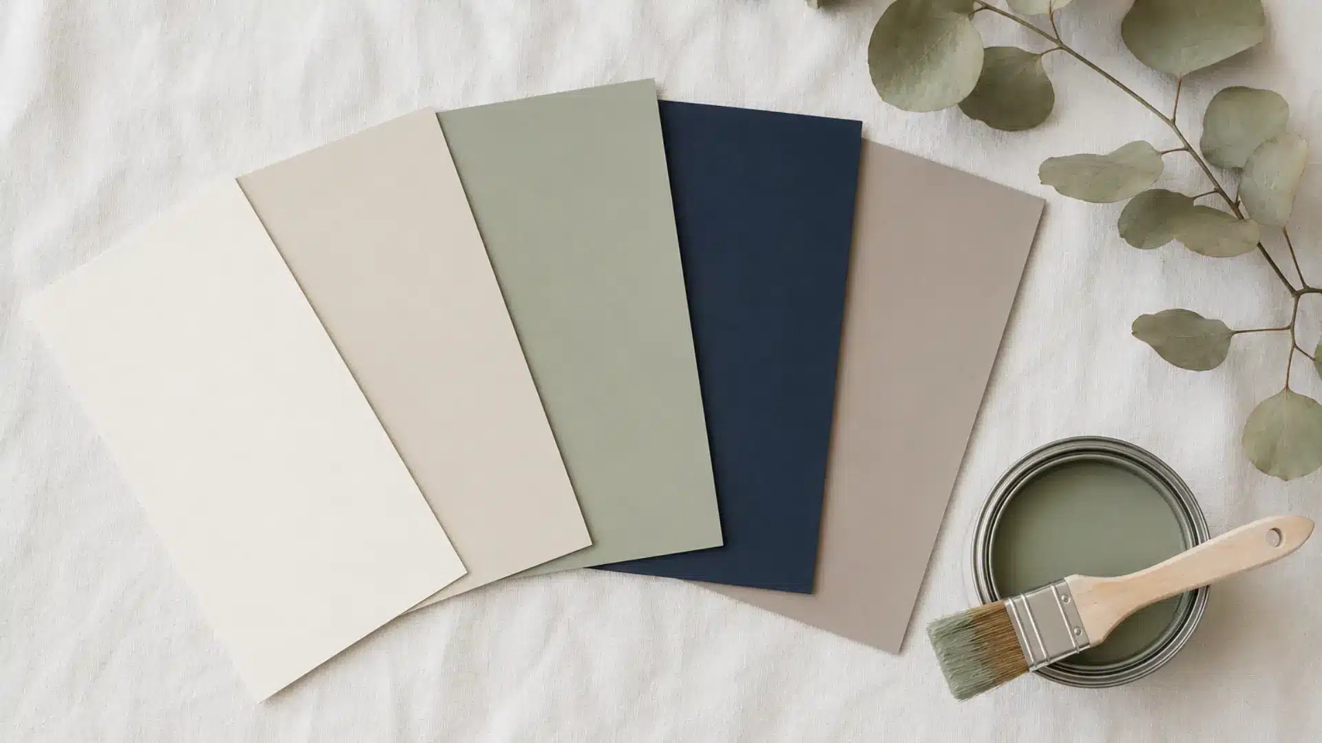 a beautifully arranged color palette mood board flat lay on a clean white linen surface showing five large paint swatch cards fanned out and slightly overlapping in warm soft white, warm off-white greige, muted sage green, deep navy blue, and soft warm taupe, with a small open paint tin in sage green and a brush resting across it placed beside the swatches, and a few dried eucalyptus stems arranged casually in the corner under soft diffused natural window light