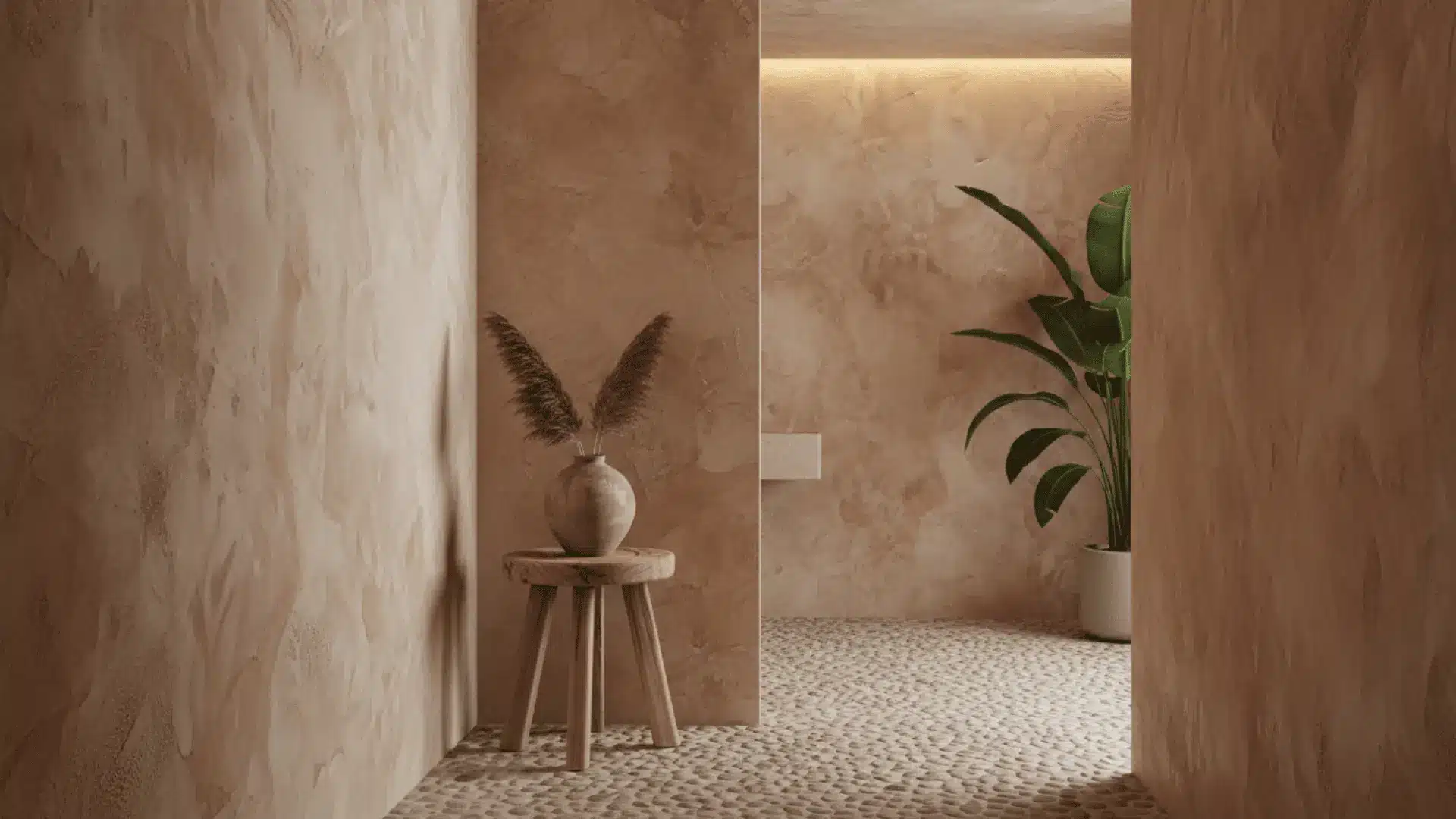 warm plaster hallway with pebble floor wooden stool vase with dried grasses and large potted plant in a calm alcove