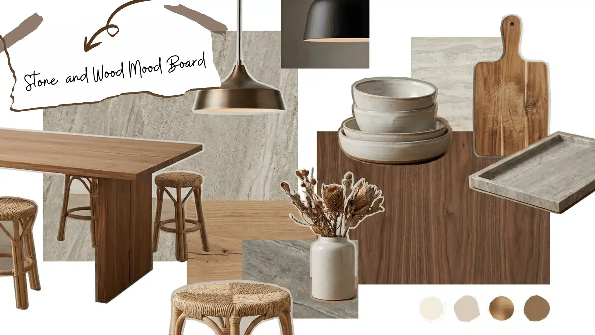 stone and wood organic modern mood board with wood table woven stools bronze light and ceramic bowls