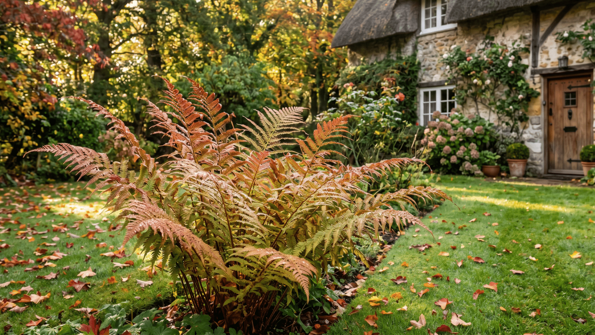 stone cottage with a thatched roof is surrounded by a garden in autumn. Ferns with coppery fronds are in the foreground, with fallen leaves