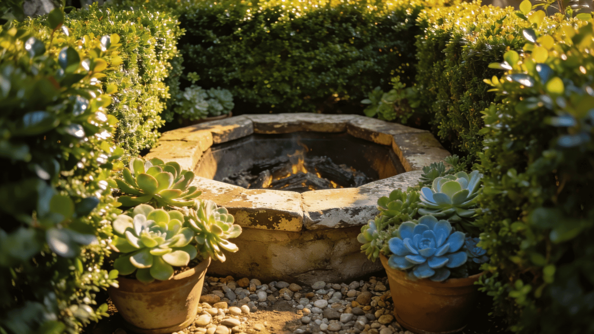 Stone fire pit nestled in lush greenery with potted succulents in the foreground.