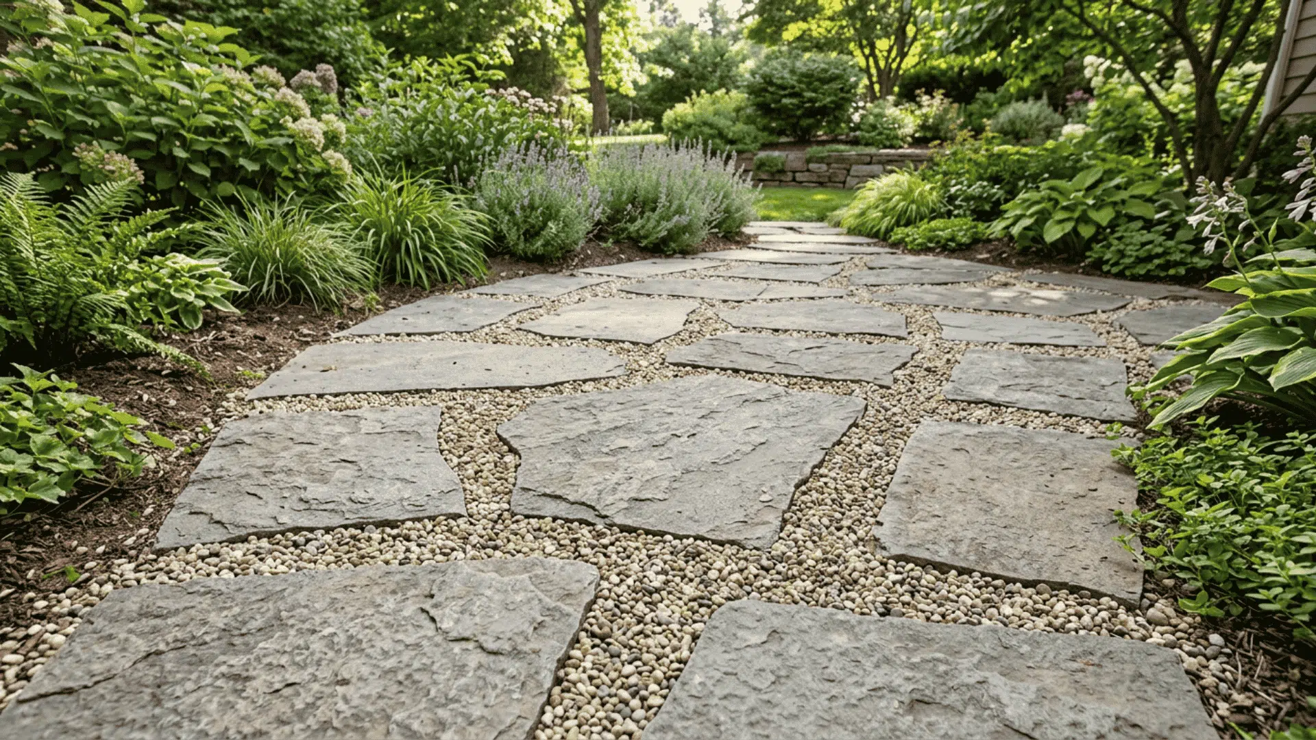 stone garden pathway with gravel joints surrounded by lush plants and shrubs in landscaped backyard