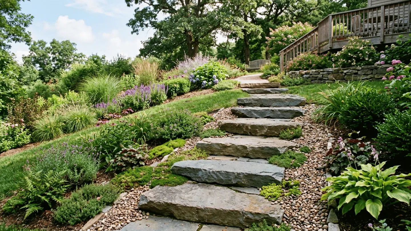 stone garden steps surrounded by colorful flowers shrubs and ornamental grasses on landscaped hillside path