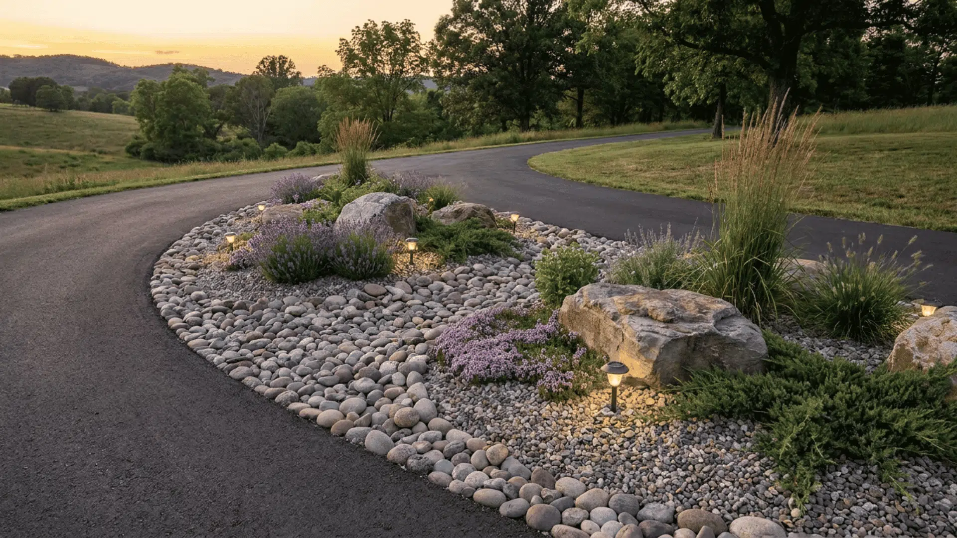 stone landscaped driveway island with flowers and garden lights at sunset