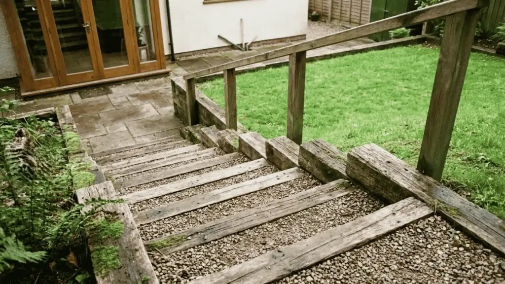 timber steps with a handrail built into a sloped backyard connecting two levels