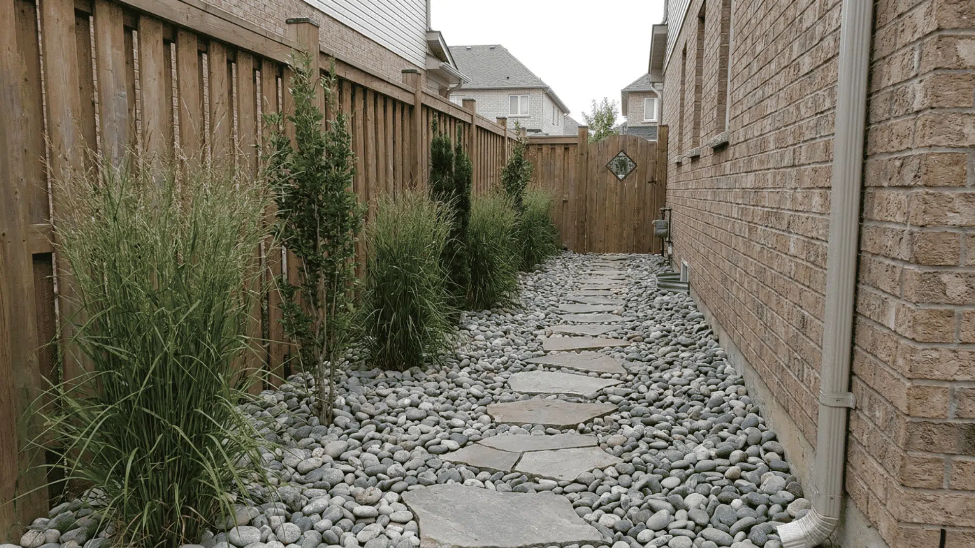 stone path with river rocks and grasses beside brick house and wooden fence