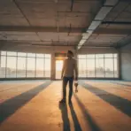 Man standing in empty warehouse with kettlebell during sunset