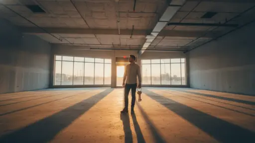 Man standing in empty warehouse with kettlebell during sunset