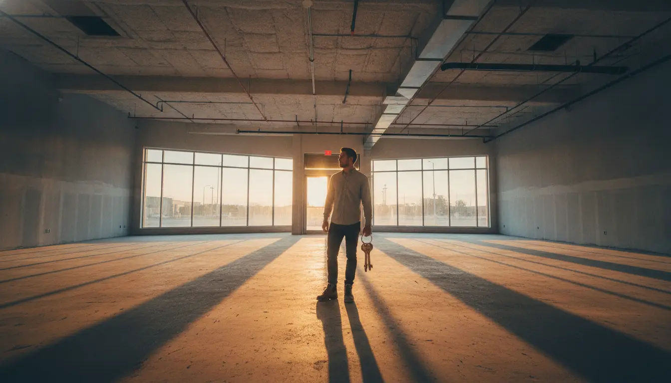 Man standing in empty warehouse with kettlebell during sunset