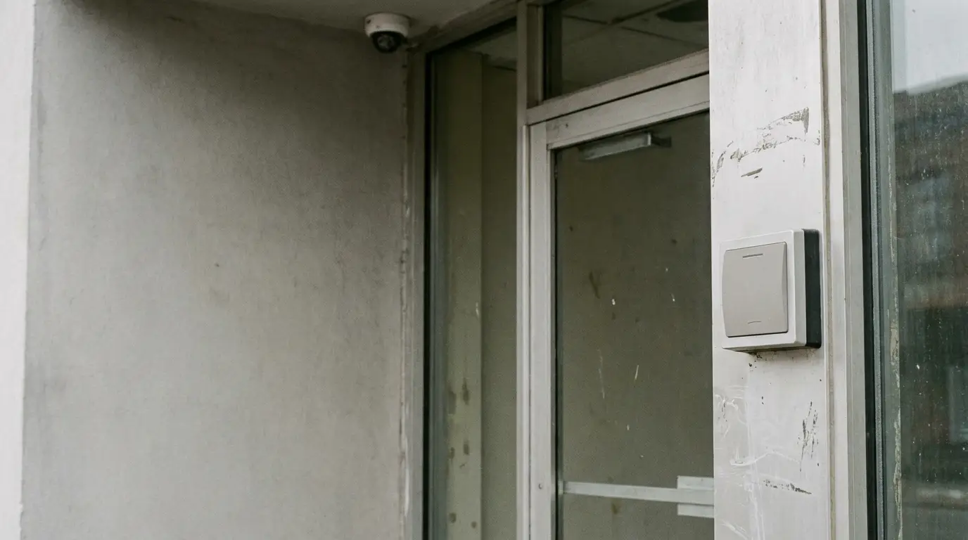 Security camera and door keypad on a weathered building entrance