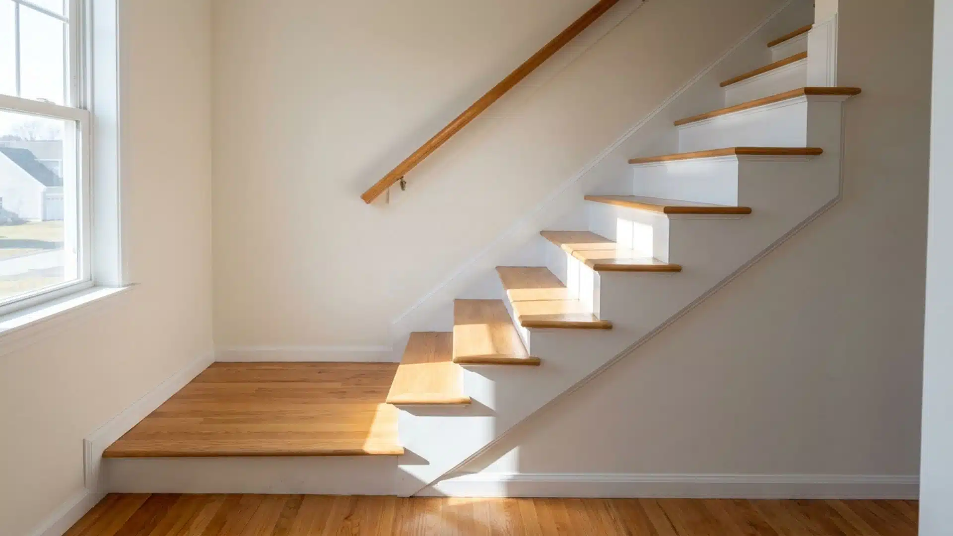 Straight residential flight of stairs with wooden treads and white walls inside bright modern home interior area
