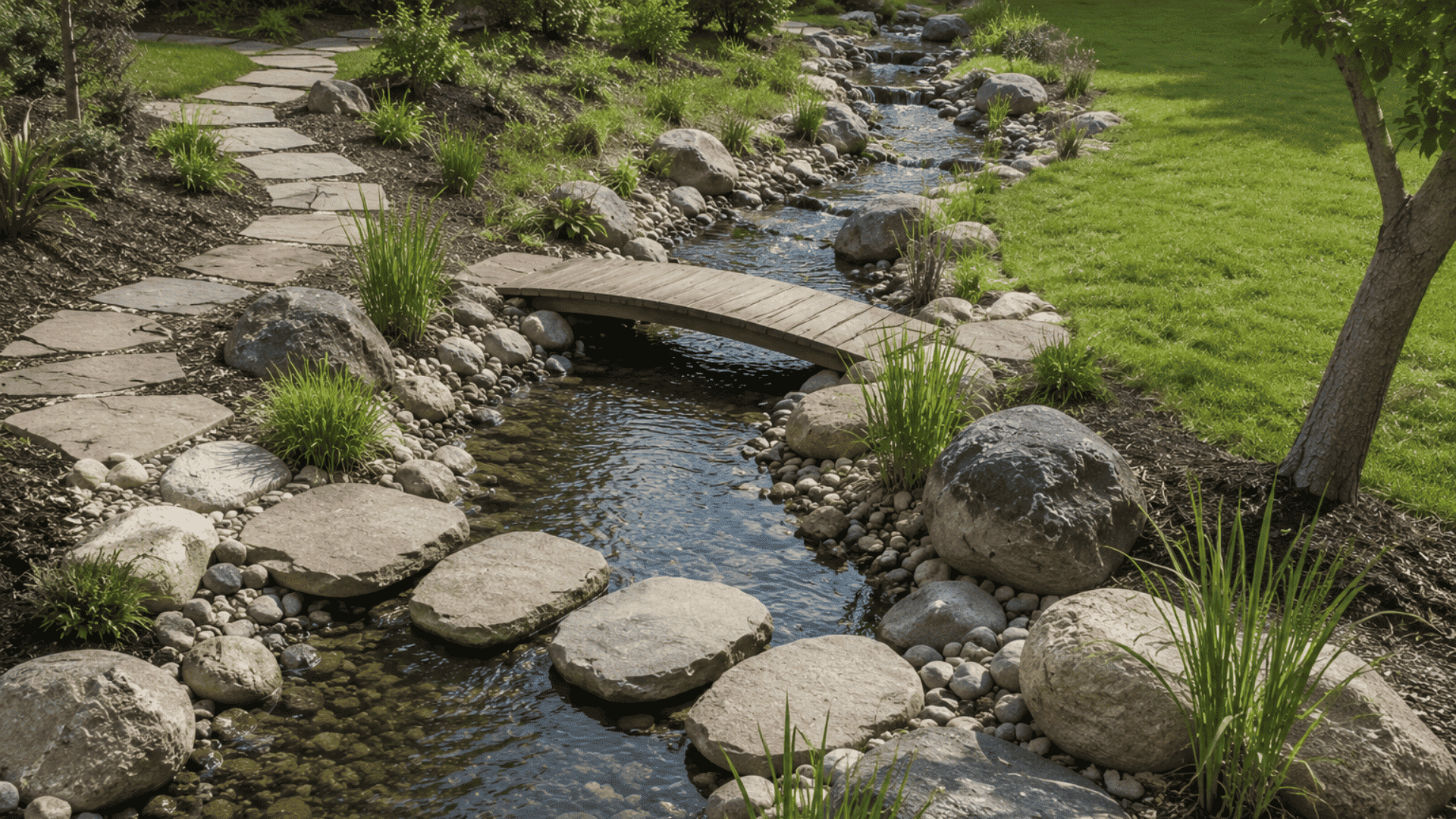 stream inspired garden with winding water channel rocks bridge and stepping stones