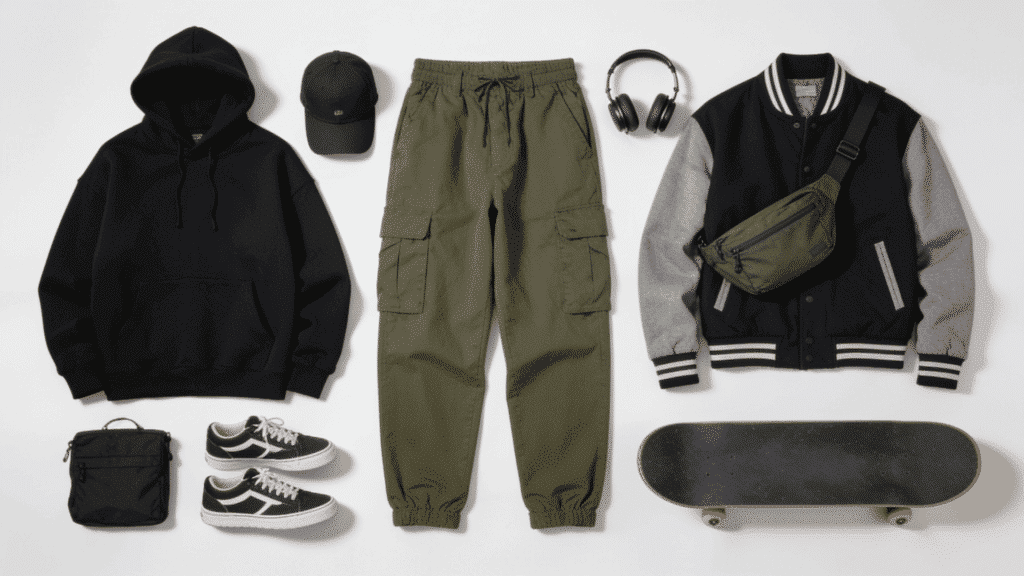 streetwear aesthetic with oversized hoodie cargo pants sneakers and urban inspired everyday fashion