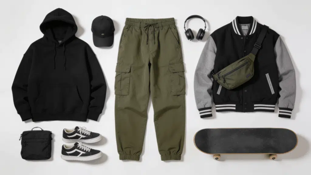 streetwear aesthetic with oversized hoodie cargo pants sneakers and urban inspired everyday fashion