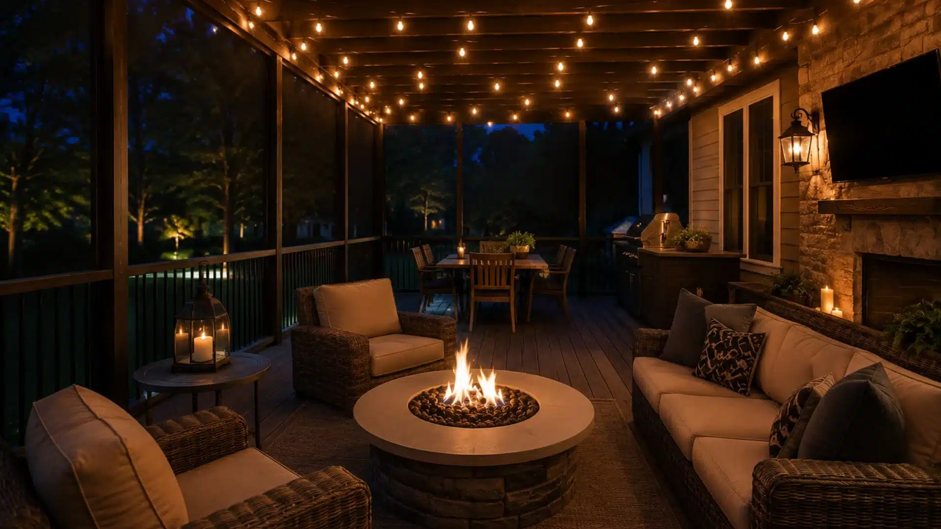 wicker sofa and armchairs around a round stone fire pit under warm string lights on a dark wood deck at night