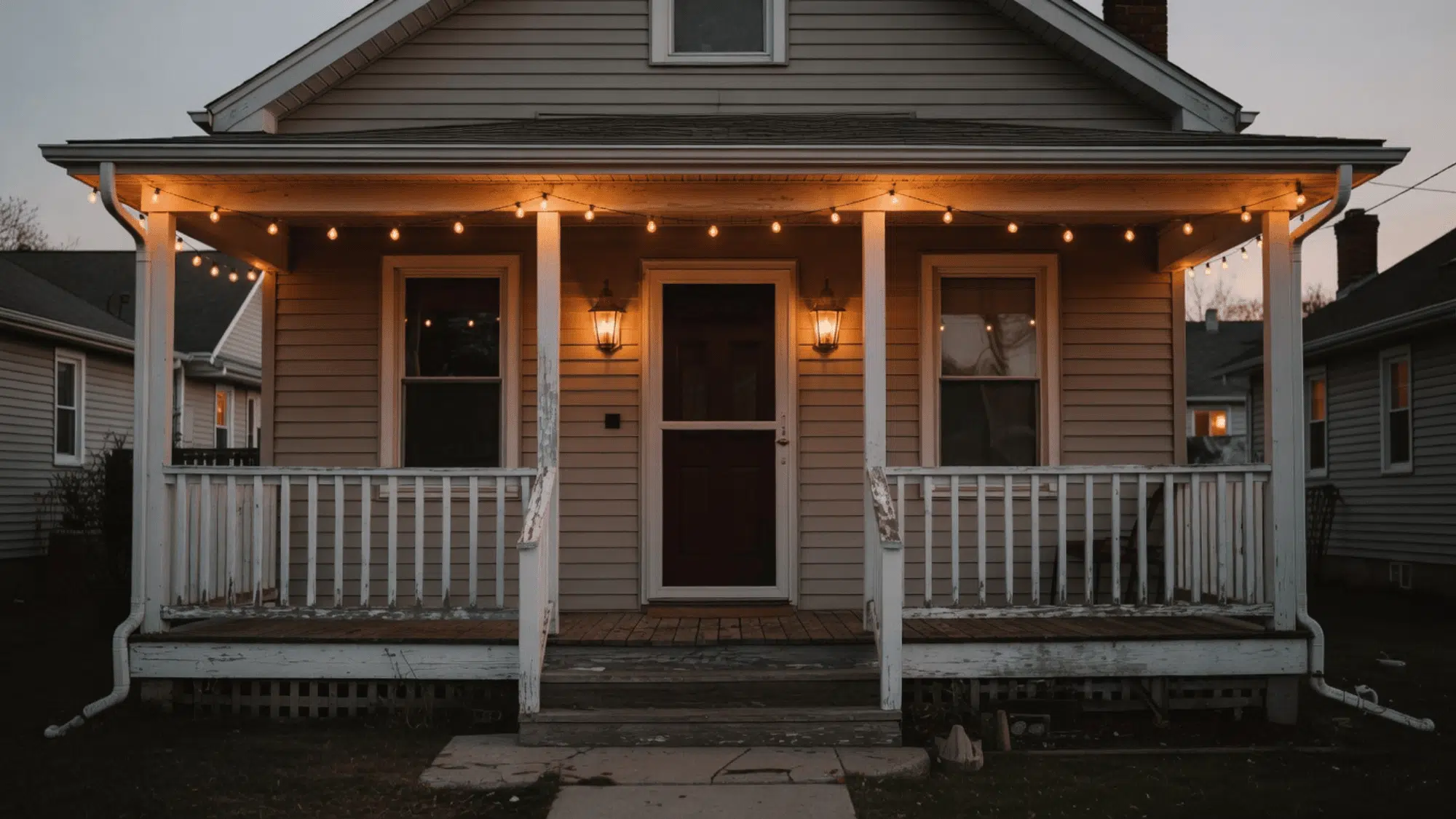 string lights and metal wall lanterns illuminating a typical suburban home porch at dusk with natural uneven lighting