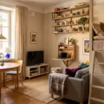 colorful studio apartment with loft bed, wall desk, open shelving, cozy lounge, and compact dining nook setup