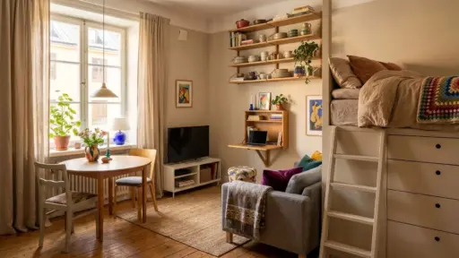 colorful studio apartment with loft bed, wall desk, open shelving, cozy lounge, and compact dining nook setup