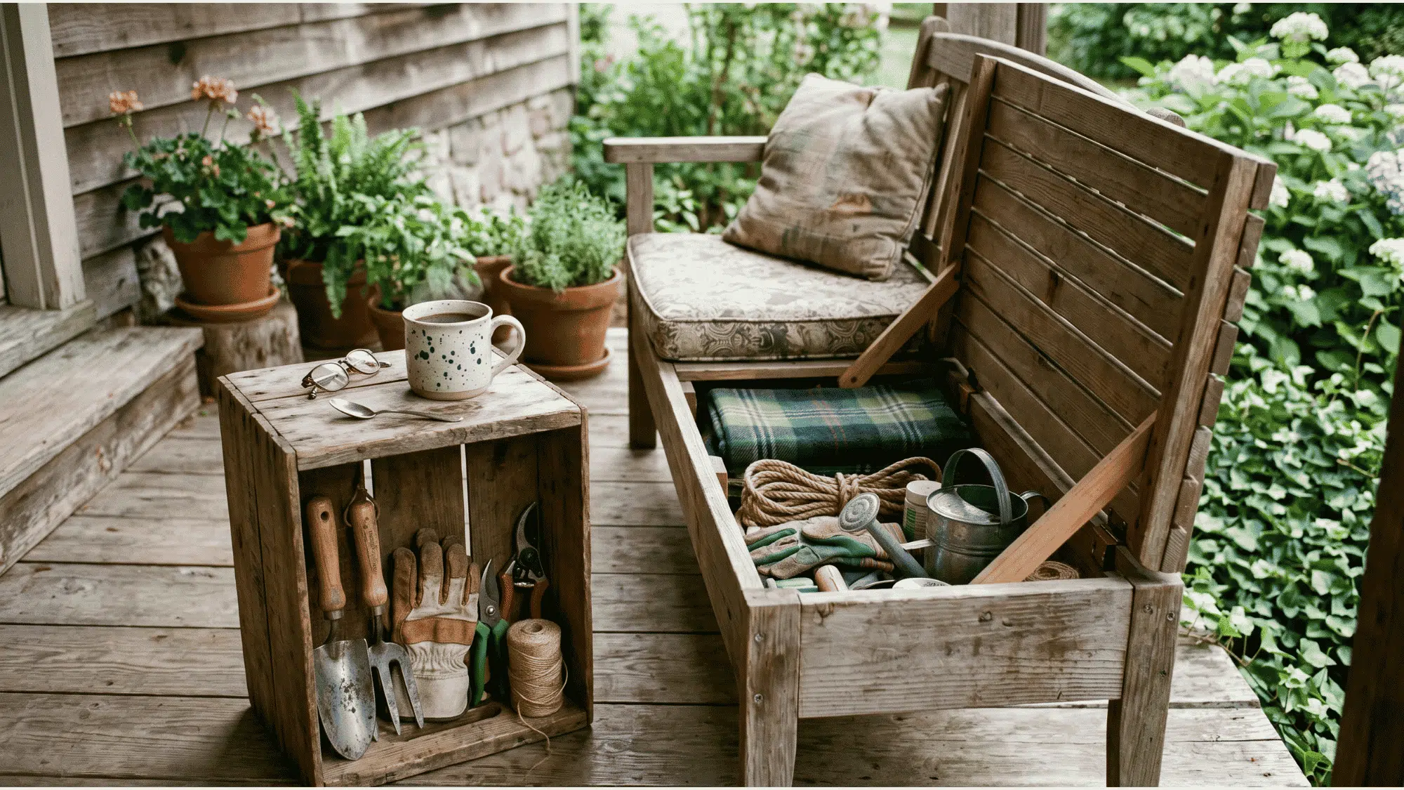 sturdy wooden crate used as a coffee table and garden tool storage next to a bench