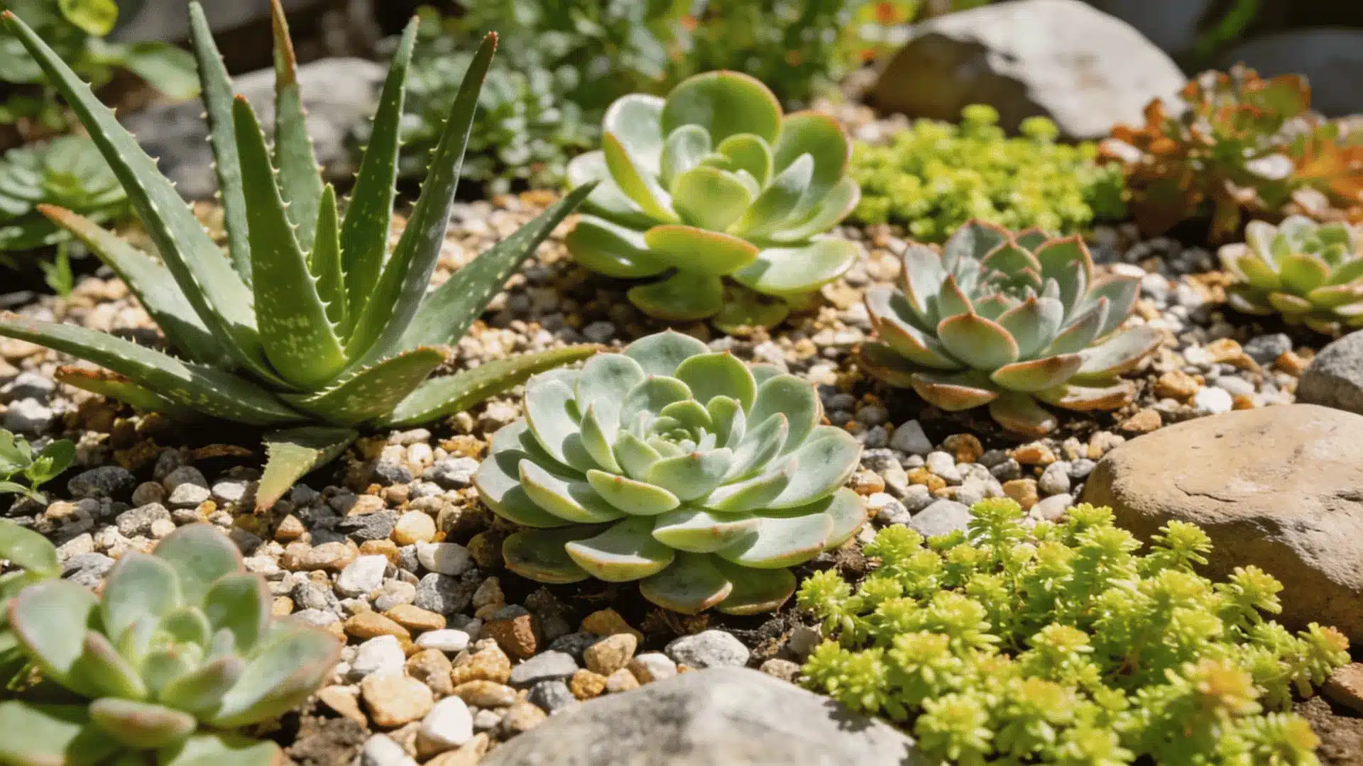 aloe and round succulents grow among small pebbles rocks and bright green ground cover in warm sunlight