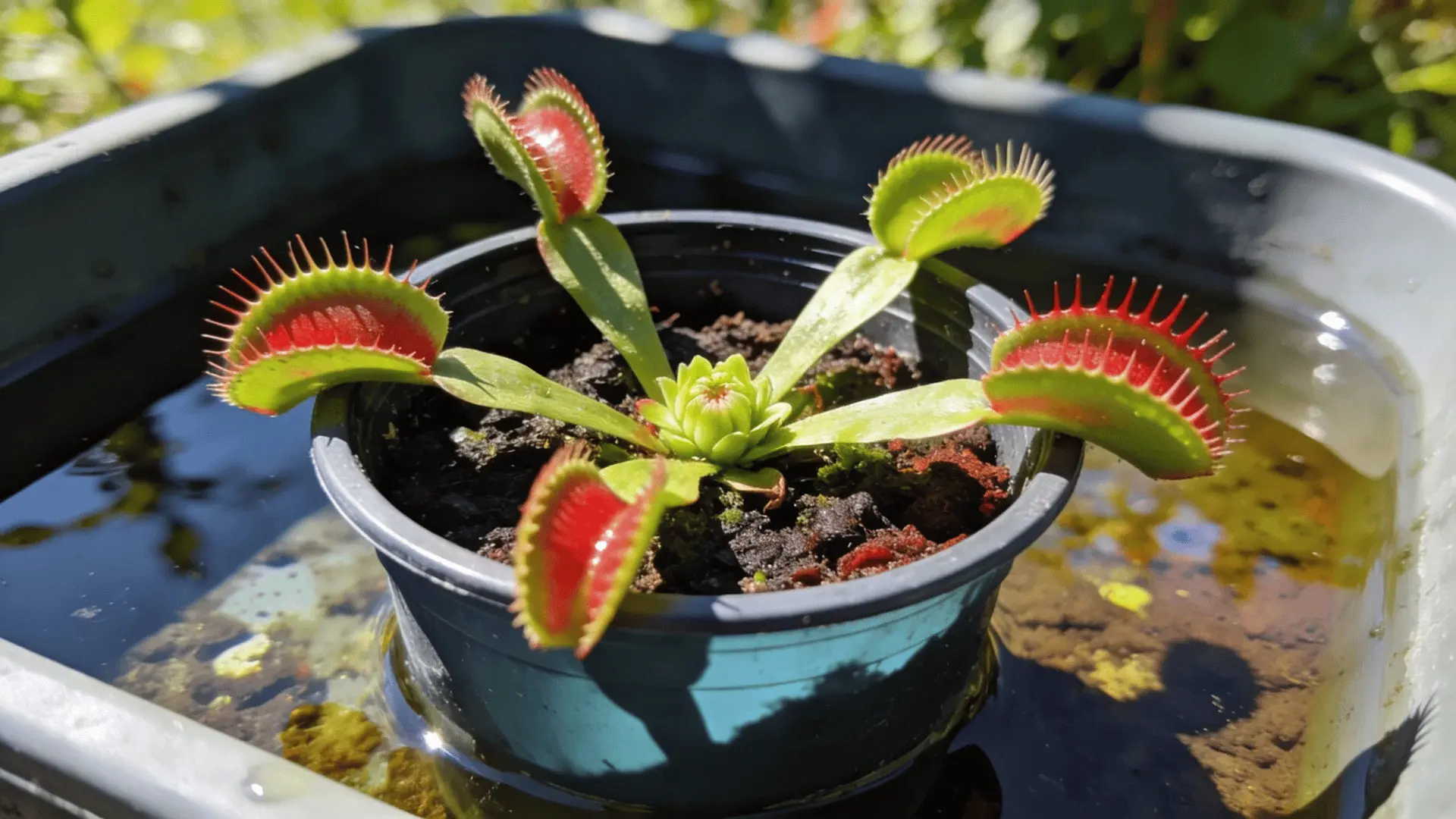 healthy venus flytrap in summer sunlight with water in a shallow tray
