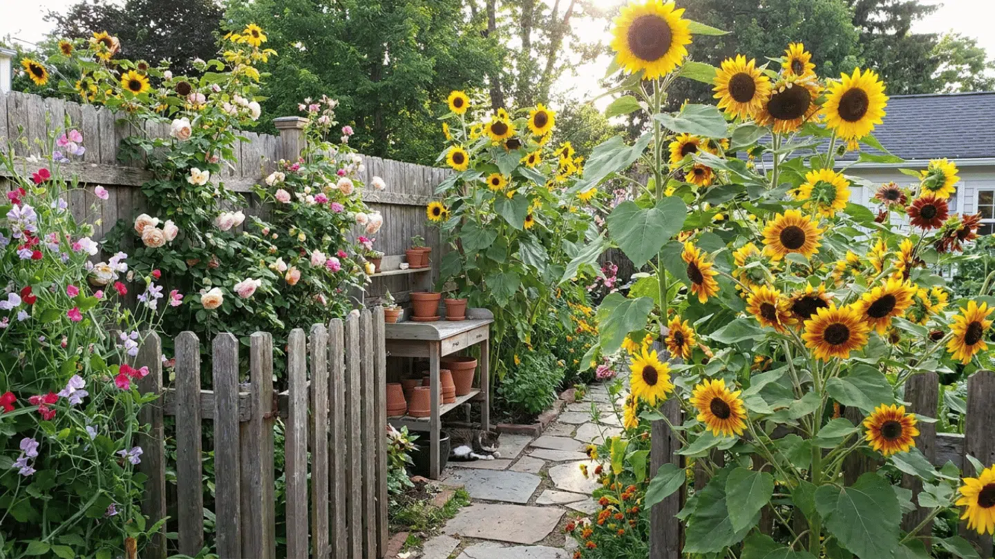 sunflowers and colorful garden flowers growing beside a wooden fence with a stone path through the backyard garden