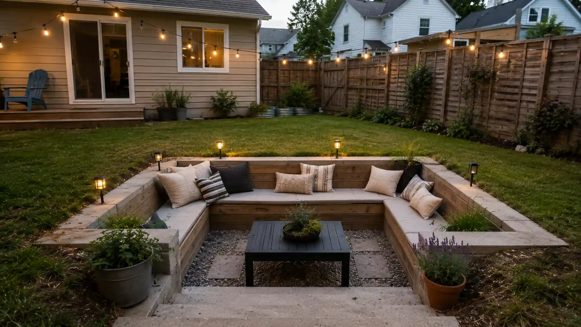 sunken backyard conversation pit with built-in seating, string lights, and fenced suburban yard at dusk