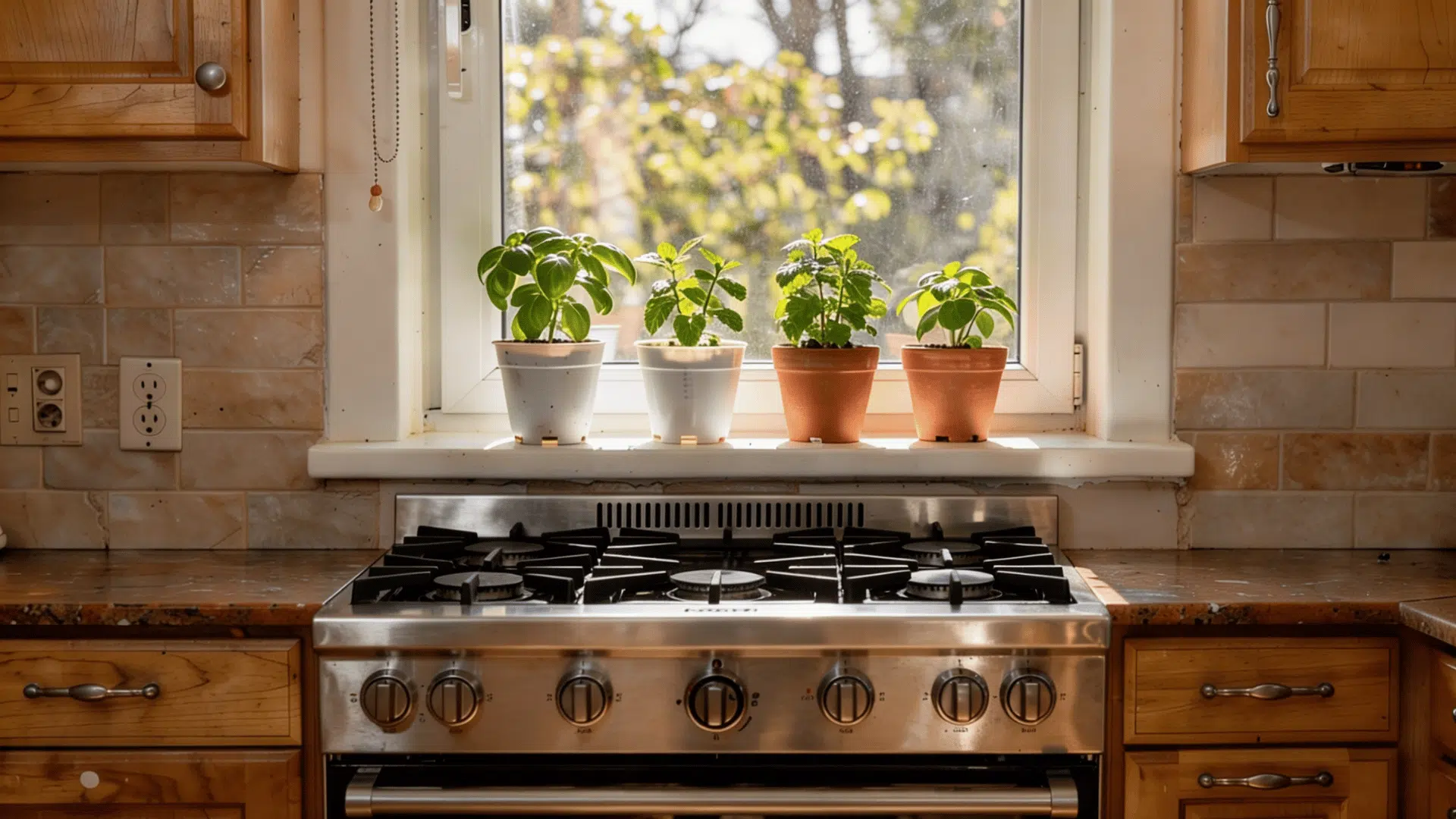 sunny kitchen windowsill with self watering pots of fresh basil mint parsley and coriander in bright morning light