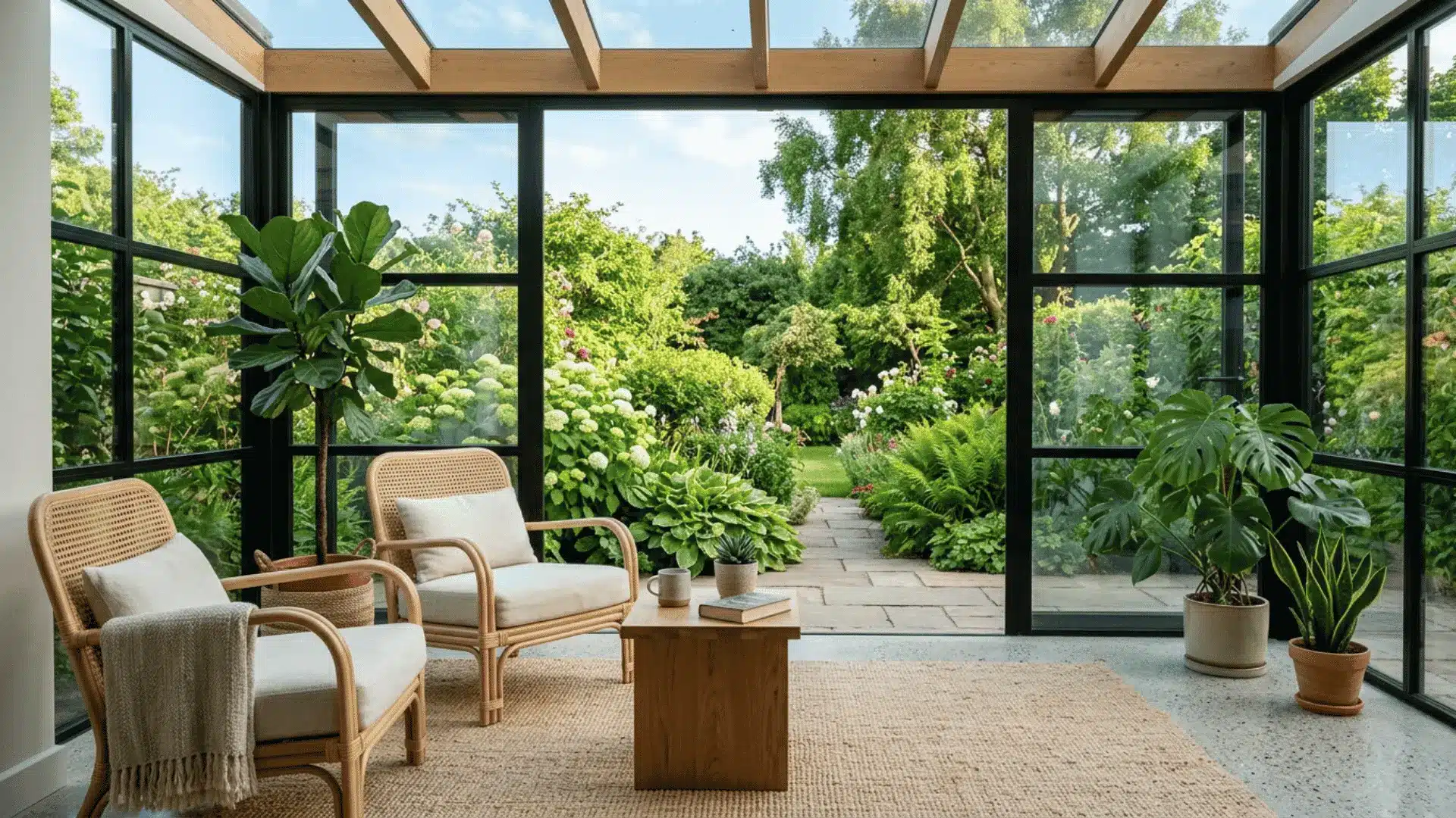 bright glass garden room with rattan chairs potted plants a wood table and an open view of lush greenery