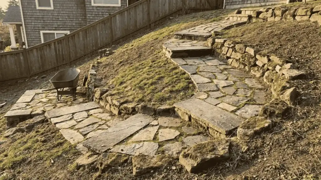 zigzag switchback stone path with landings built into a steep backyard slope