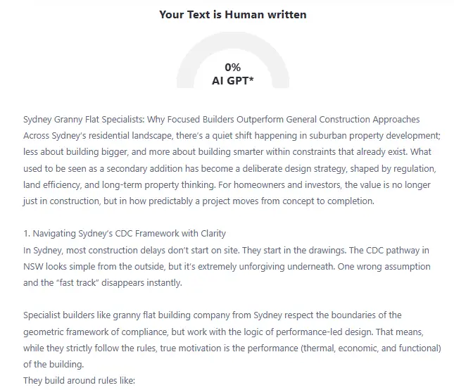 Text analysis score showing 0% AI-generated content on a digital platform interface