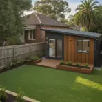 Modern backyard studio with wooden siding, surrounded by a well-maintained lawn and privacy fence