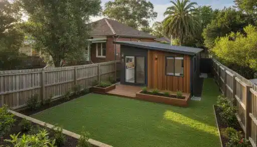 Modern backyard studio with wooden siding, surrounded by a well-maintained lawn and privacy fence