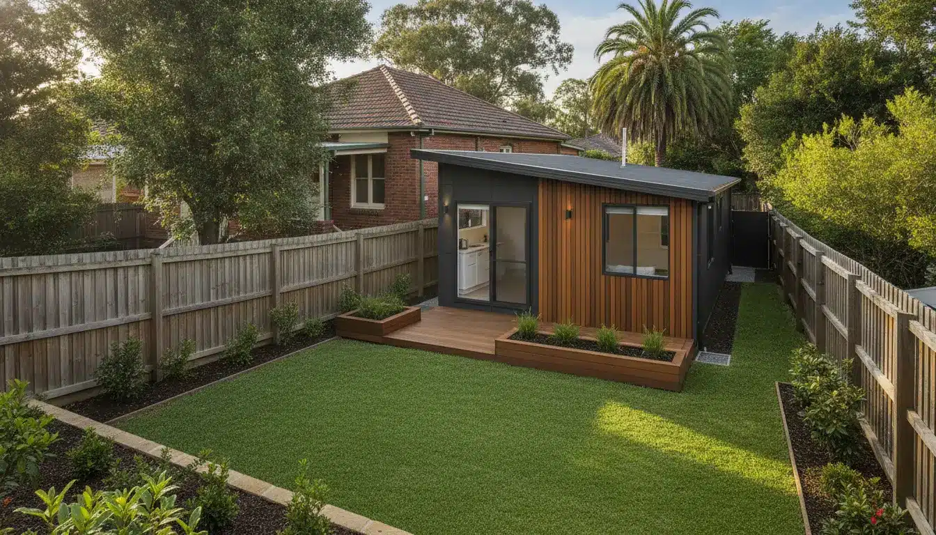 Modern backyard studio with wooden siding, surrounded by a well-maintained lawn and privacy fence