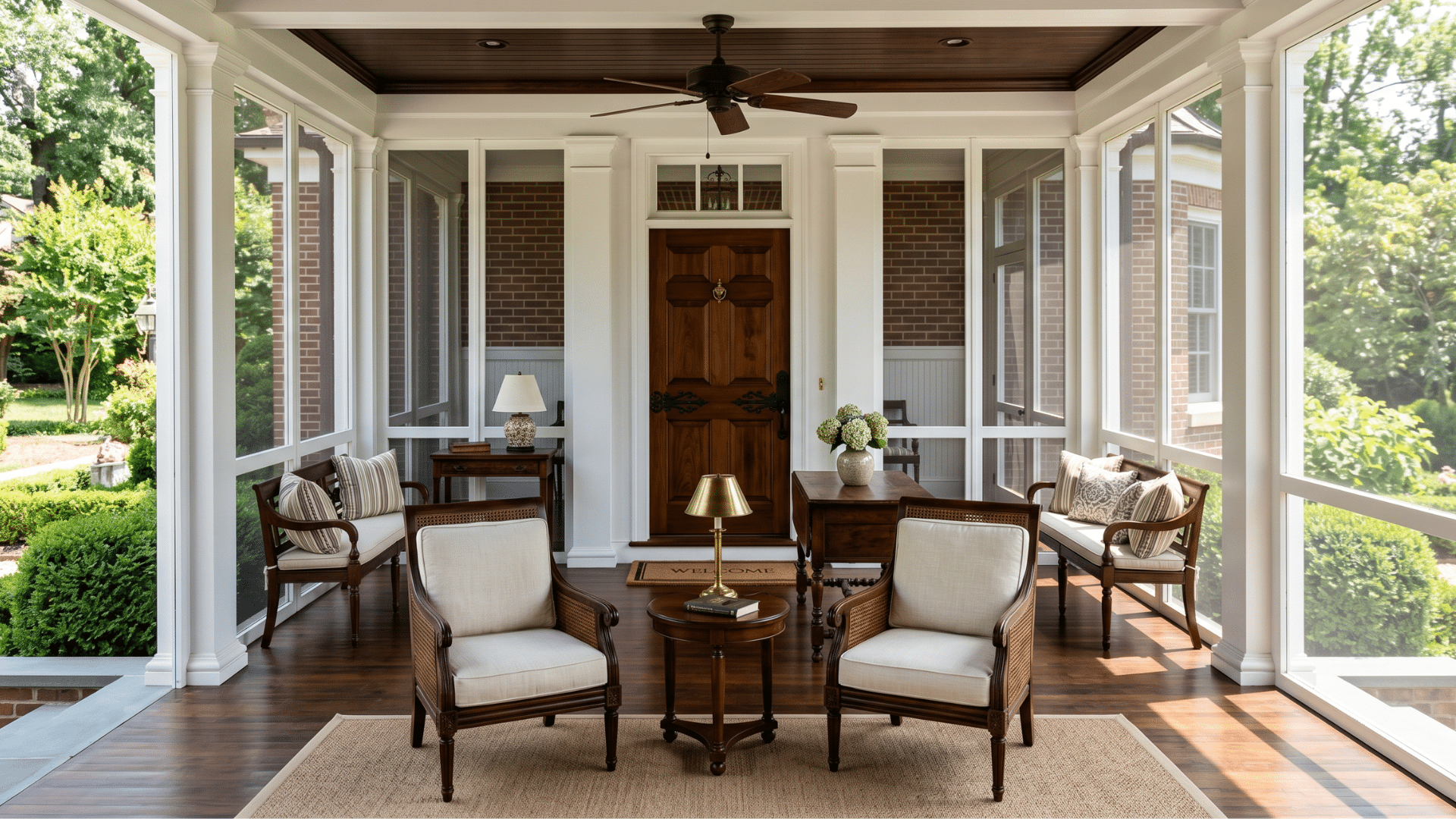 symmetrical columns, formal furniture, and a perfectly centered entry door make this style feel polished