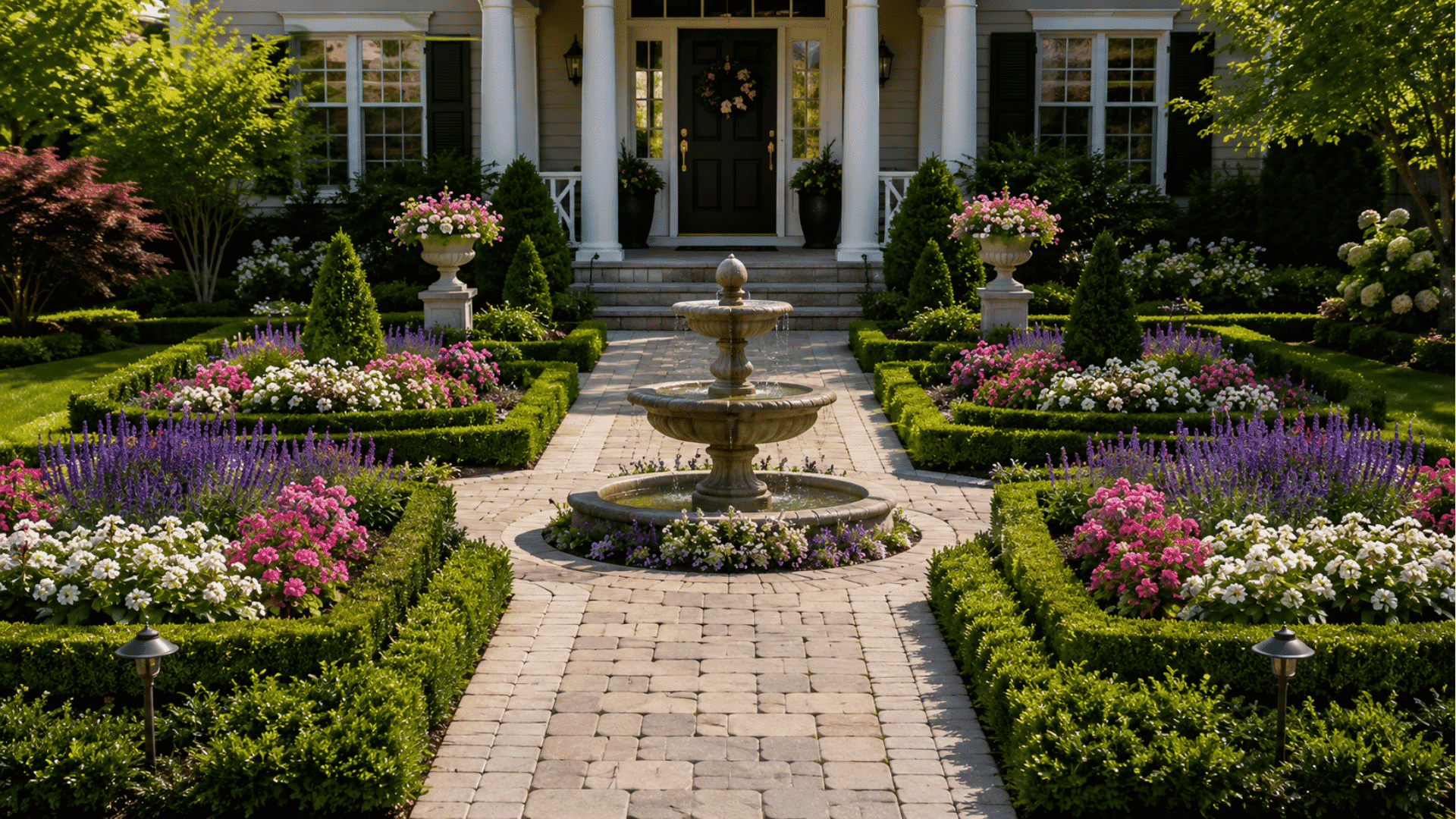 symmetrical flower garden with matching beds central feature and balanced planting