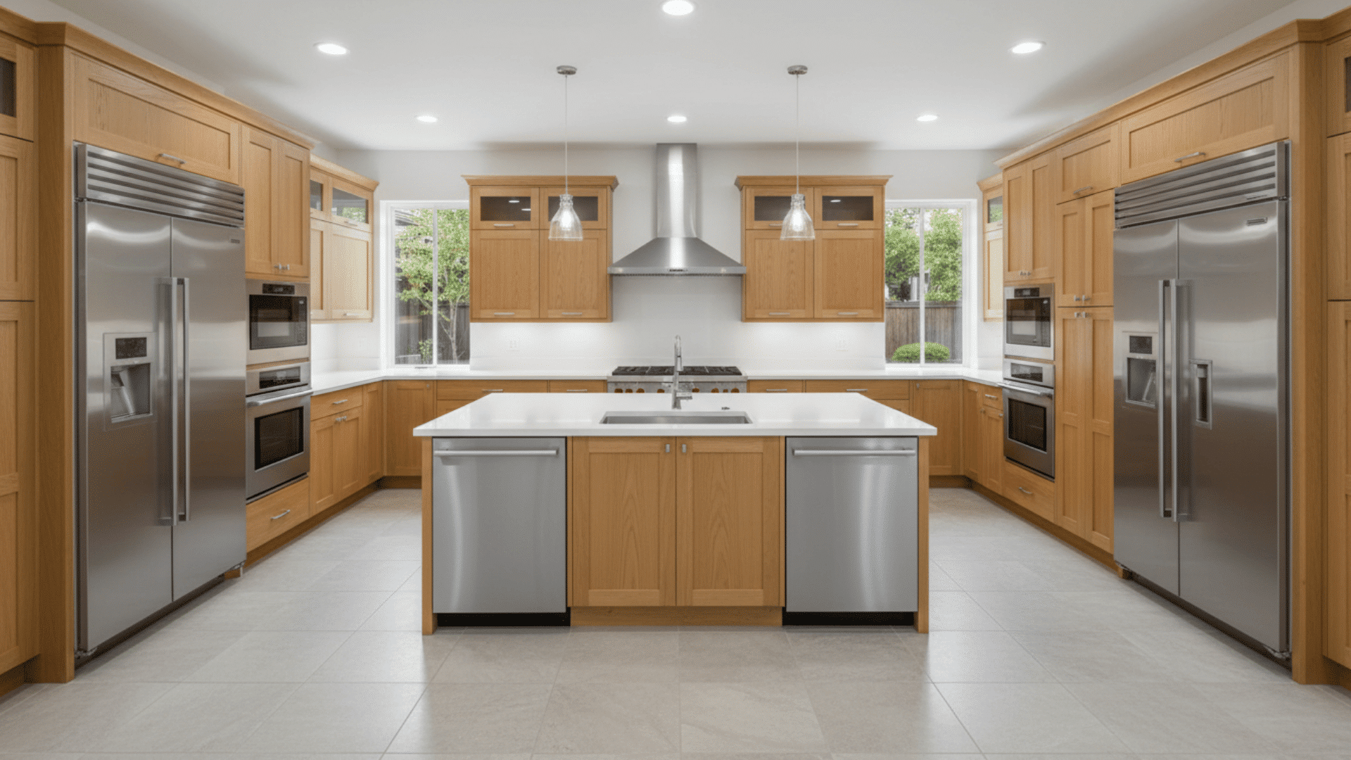 Symmetrical U-shaped kitchen with evenly spaced cabinets, counters, and appliances.