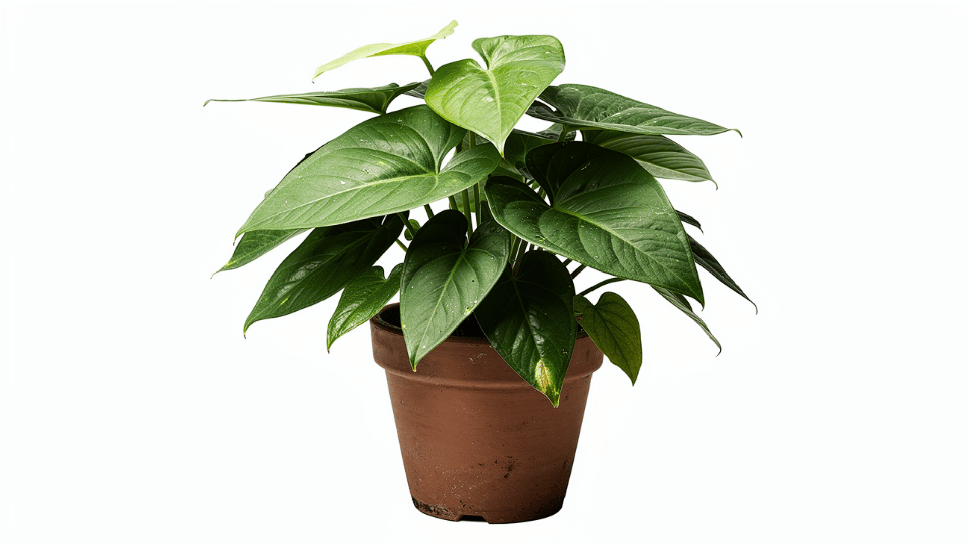 syngonium arrowhead plant with large smooth green arrow shaped leaves growing in a brown pot on a white background