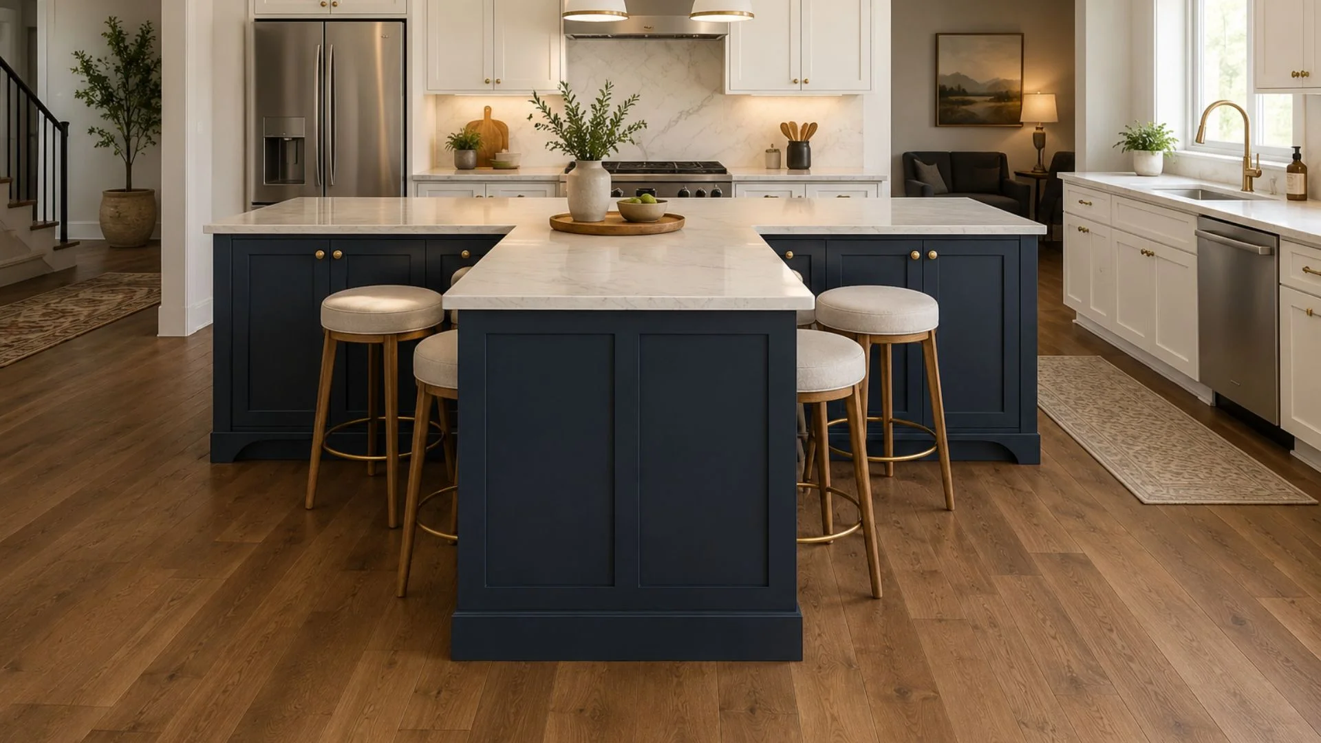 navy blue shaker kitchen island with white marble countertop and gold barstools