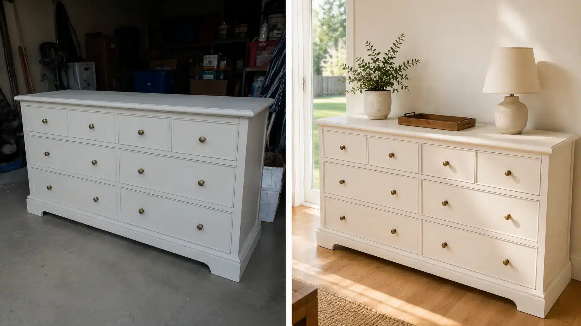 a realistic split photograph showing the same refinished wooden dresser photographed two different ways, with the left side showing the dresser in a dim artificially lit garage with harsh shadows, a cluttered background, and dull flat colors making it look unappealing, and the right side showing the exact same dresser positioned near a large open window in a bright clean room bathed in soft warm natural light with a clean white wall behind it and colors vivid and inviting, dramatically illustrating the impact of natural light on furniture flipping listing photography
