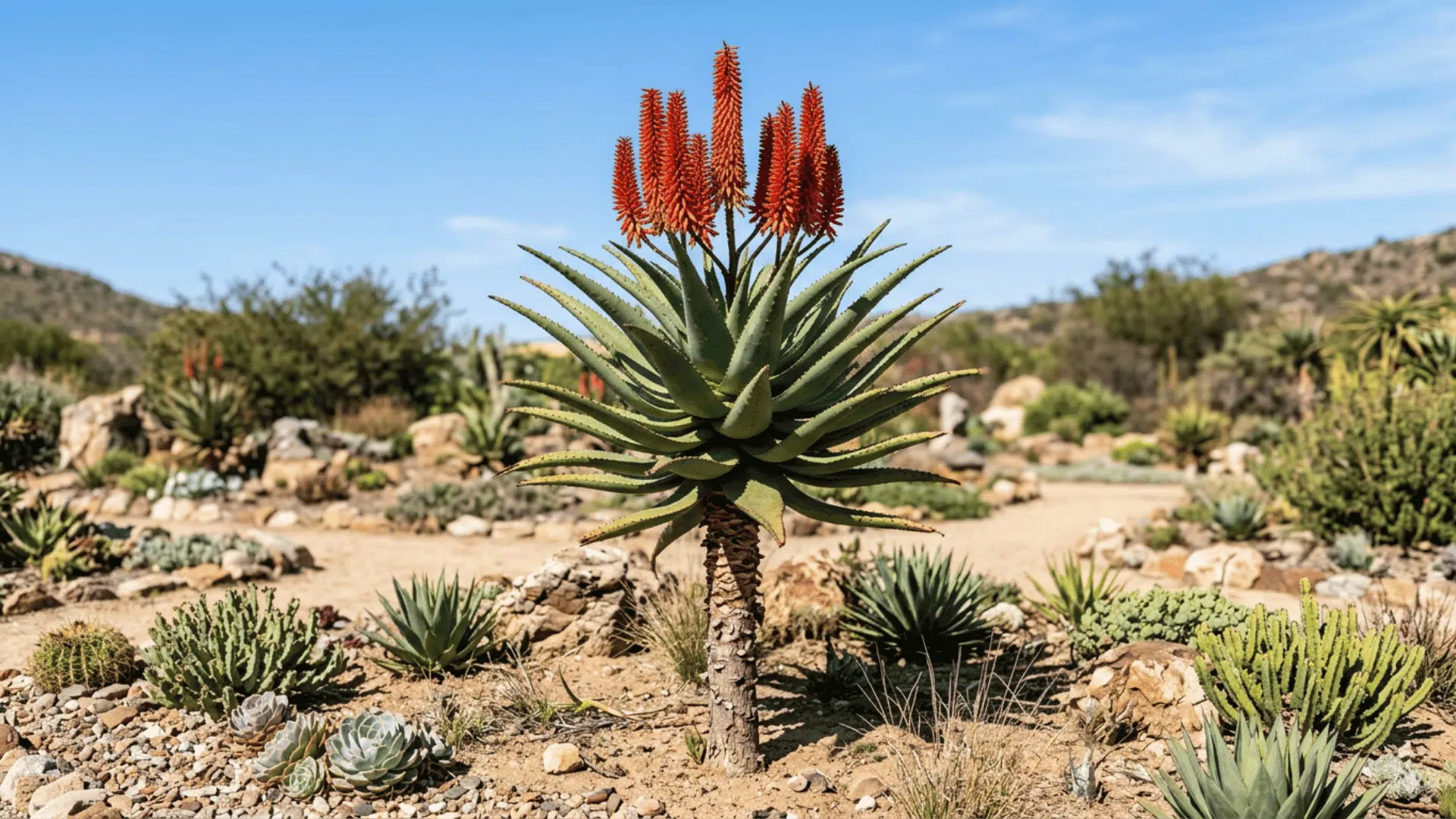 tall cape aloe plant in a spacious dry garden single upright stem topped with long curved green leaves