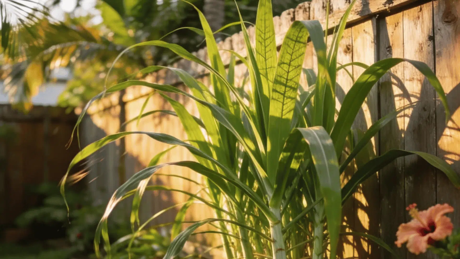 tall green tropical plant growing beside a wooden fence in warm evening garden light