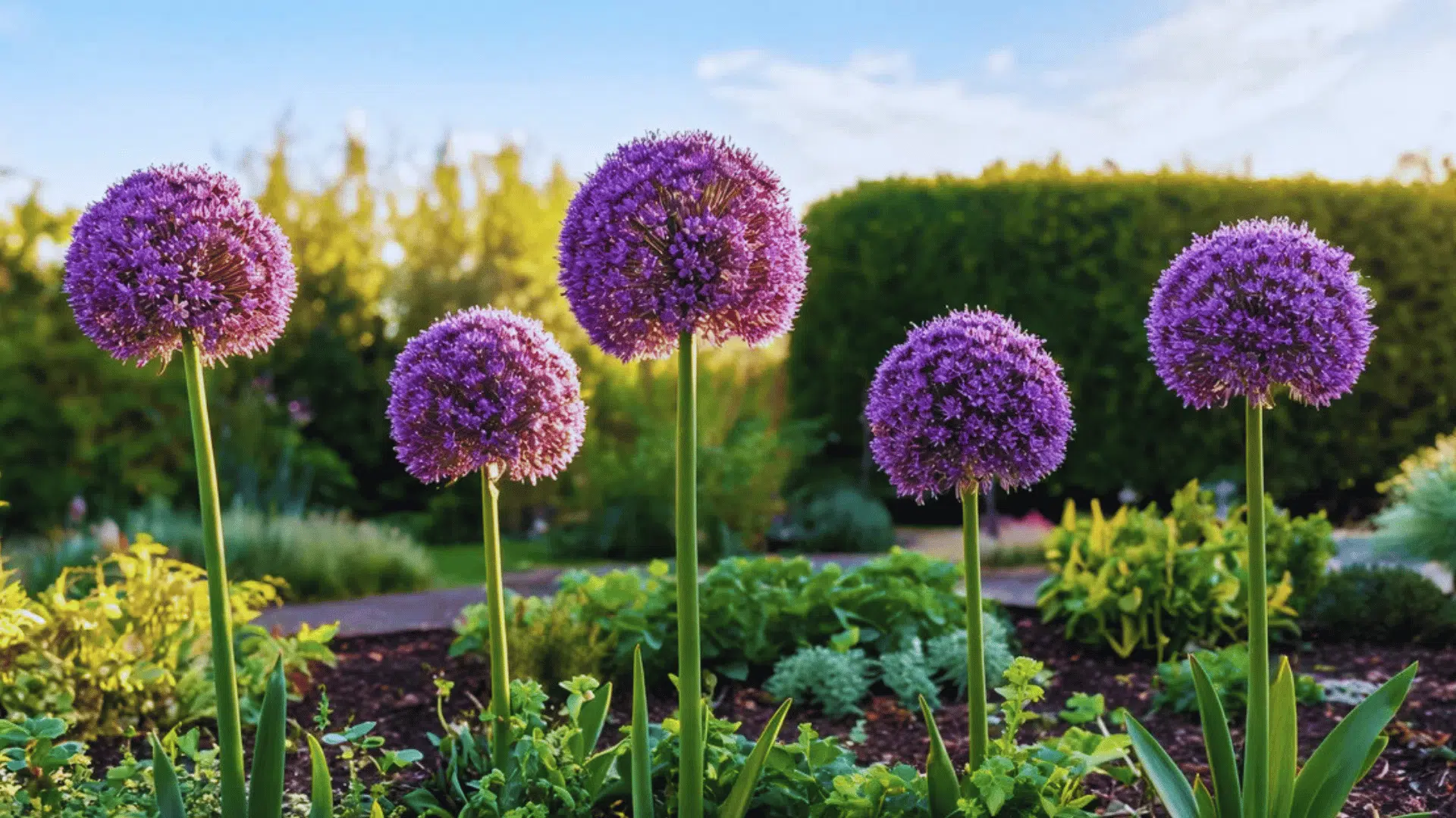 tall purple allium flowers blooming in a landscaped garden under a bright blue sky