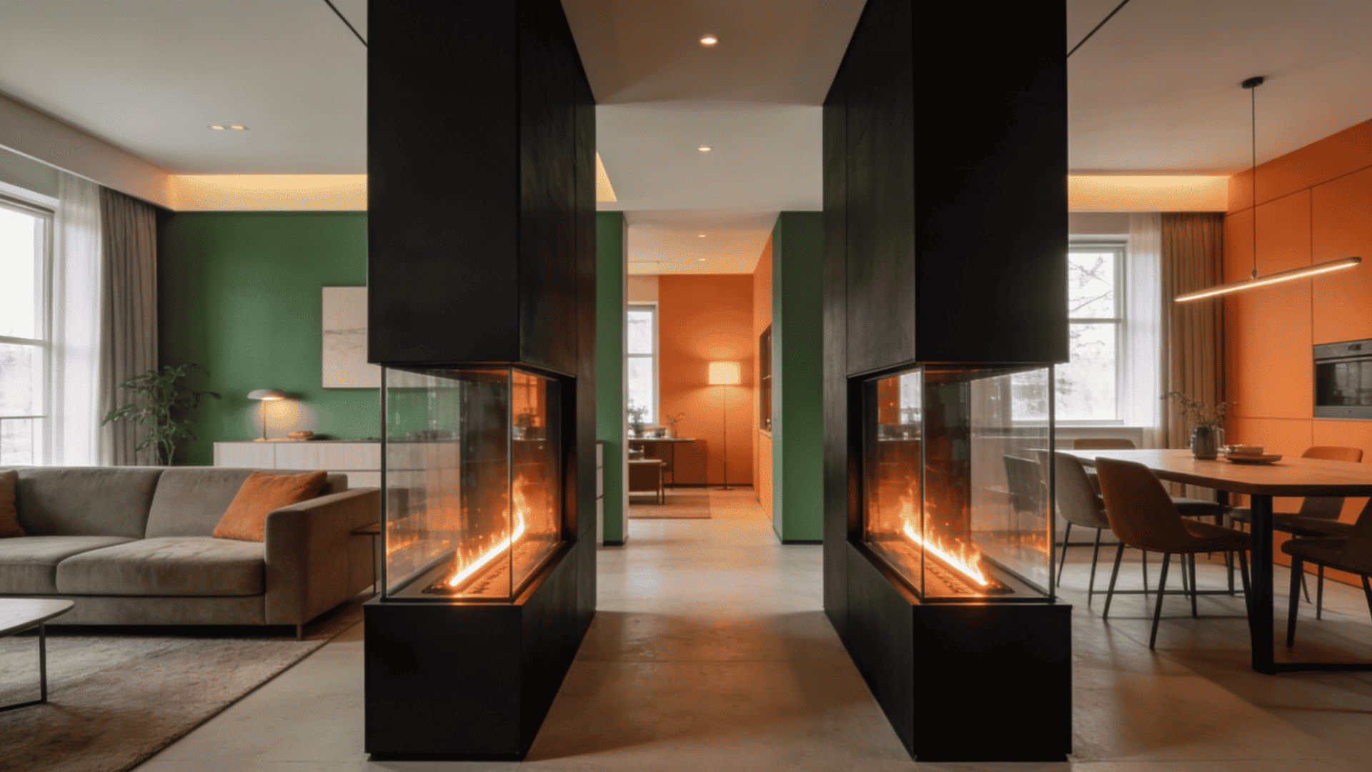 _tall three sided glass and blackened steel see through fireplace standing between the living area and dining area with a grey sofa on one side and dining chairs on the other