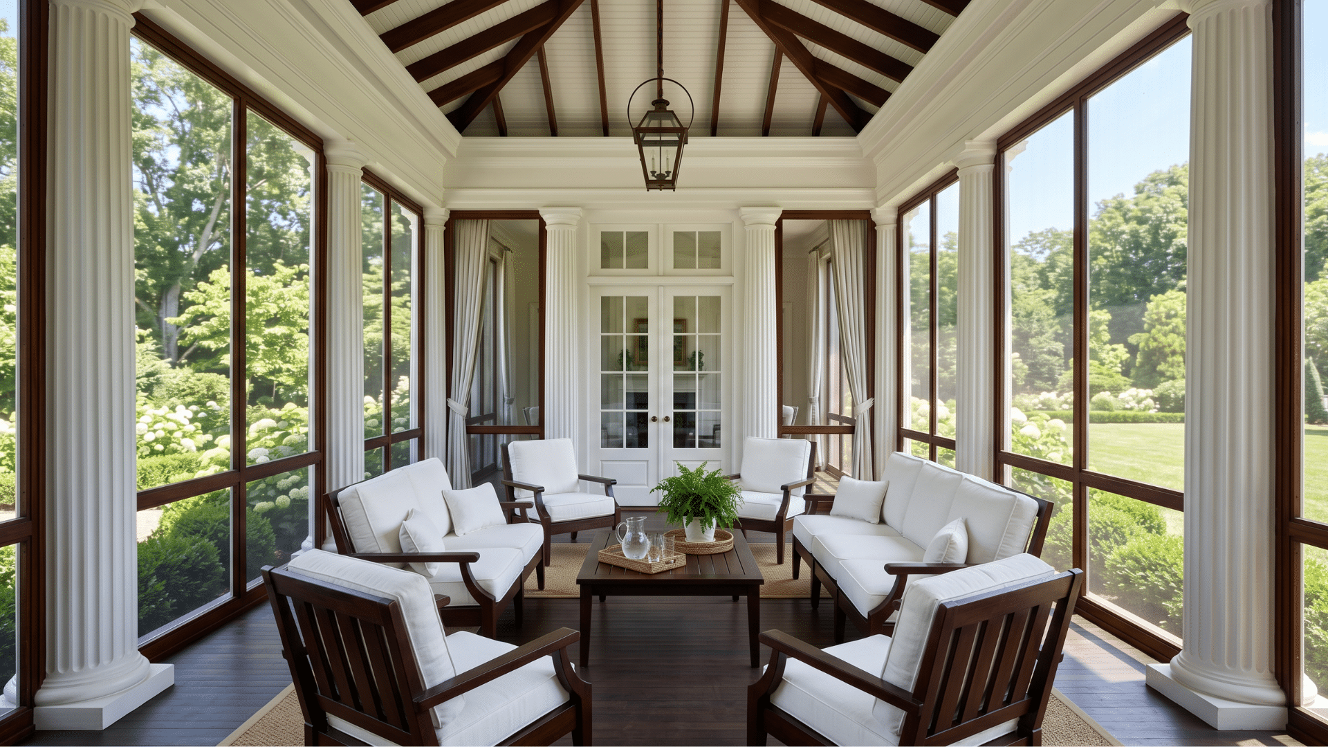 tall white columns, clean lines, and a formal symmetrical layout create a grand look