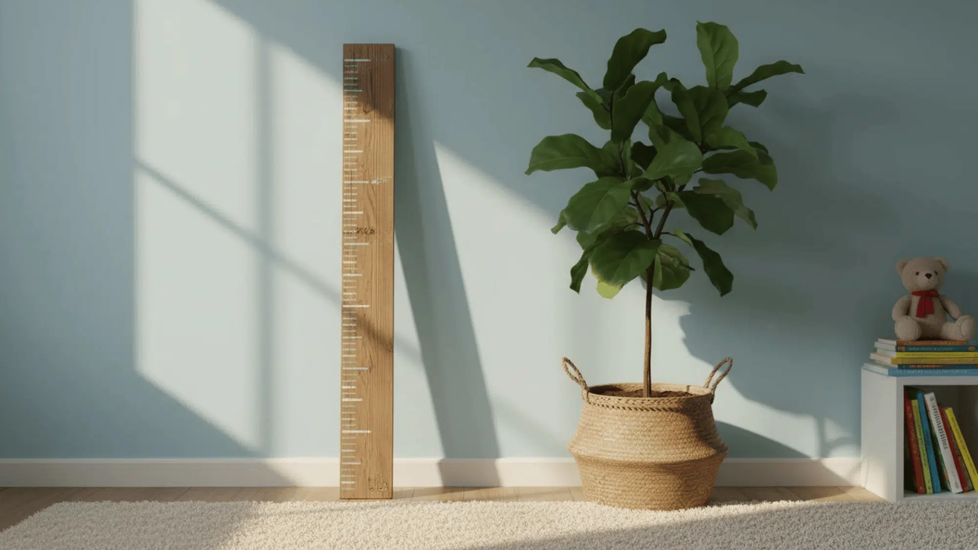 tall wooden growth chart with painted markings leaning on a bedroom wall
