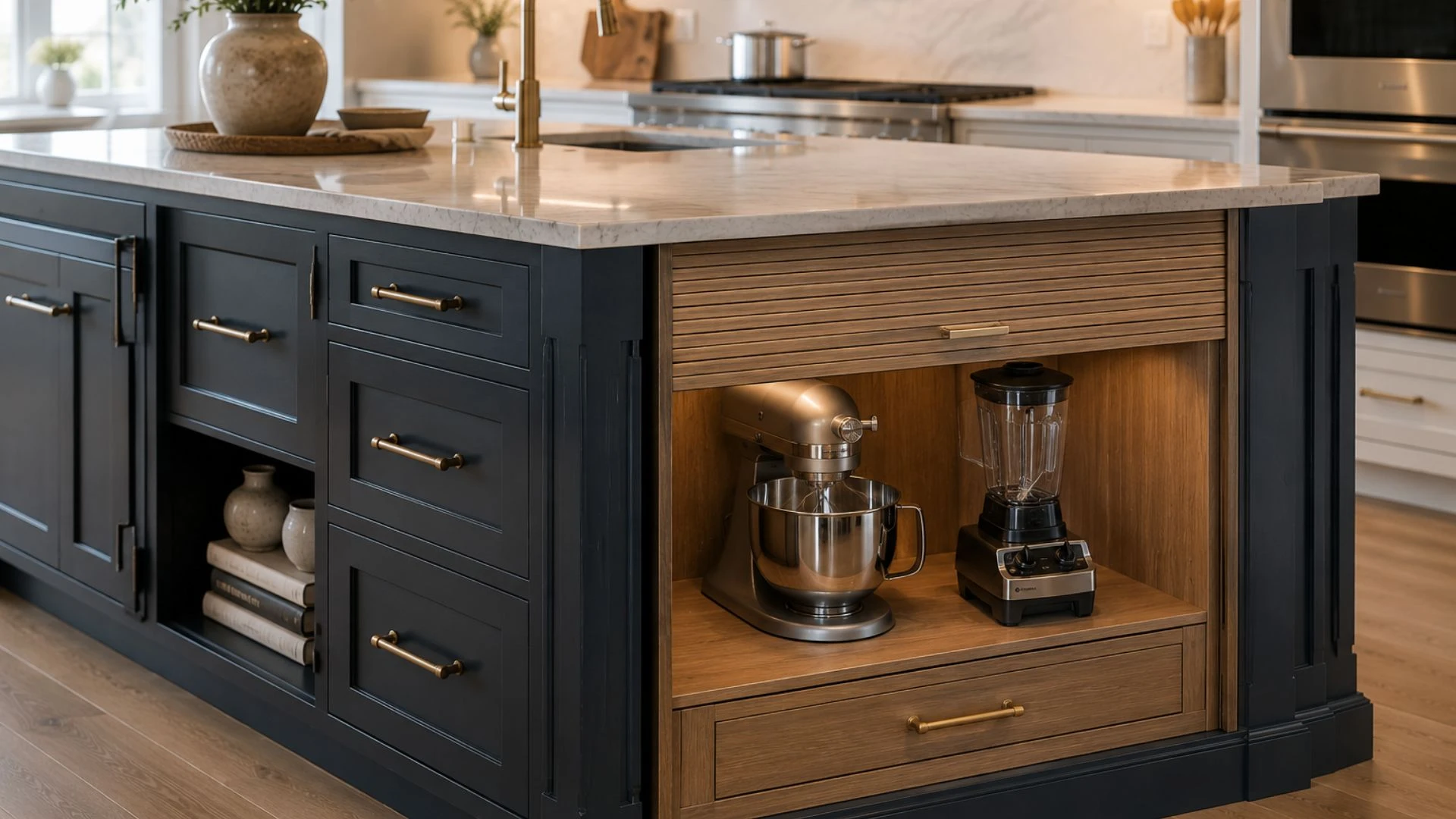 tambour covered appliance bay with stand mixer and blender stored in navy blue kitchen island